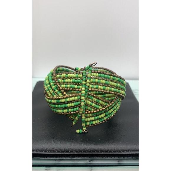 Handmade Braided Seed Bead Greens & Gold Cuff Memory Wire Cuff Bracelet Boho - Picture 2 of 3